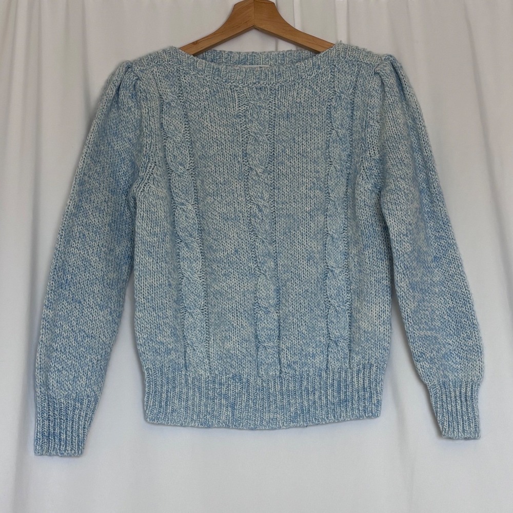Vintage Hunters Glen Blue Marled Cable Knit Puff Shoulder Wool Blend Sweater S/M